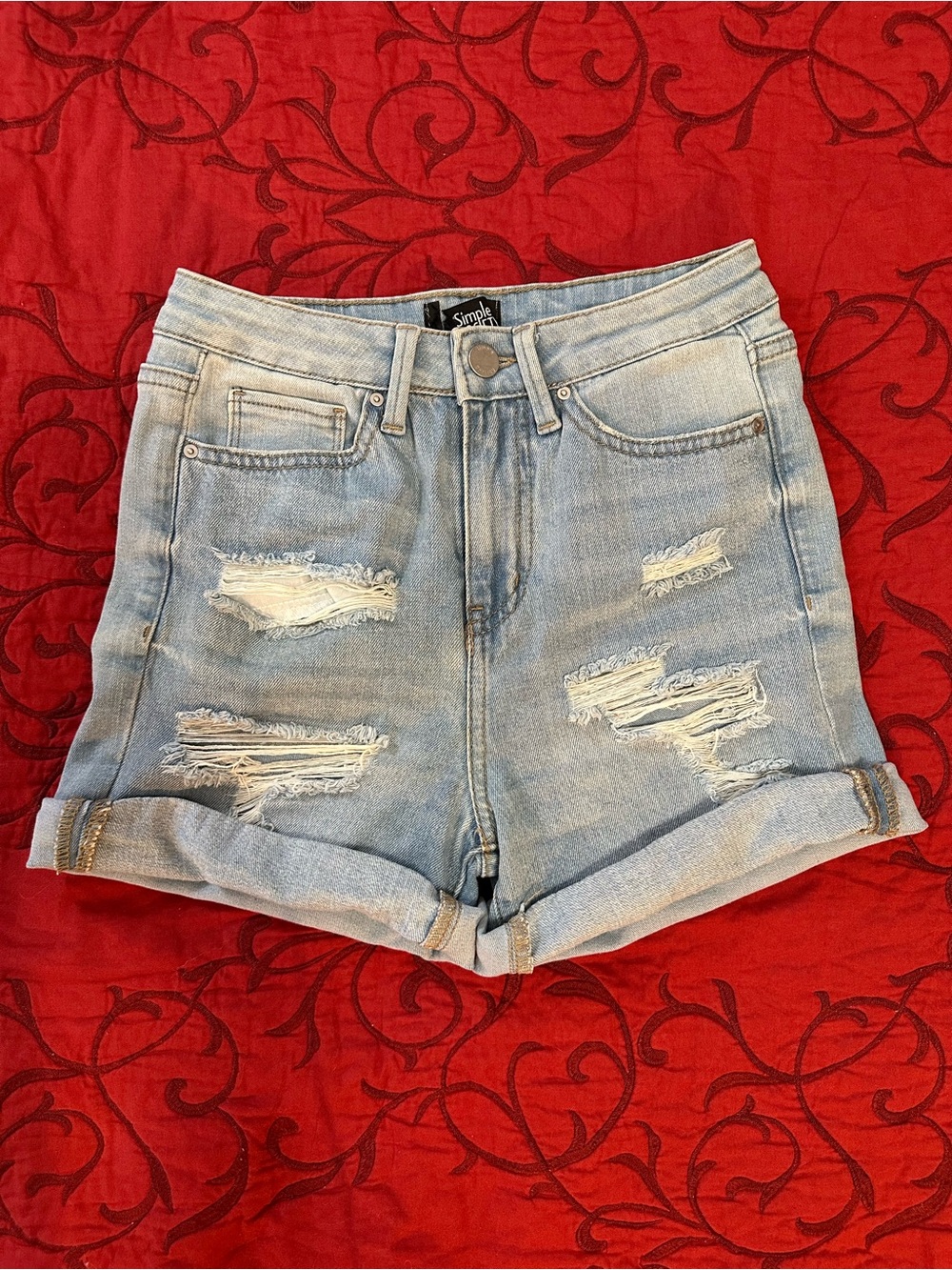 Simple Light Blue High-Waist Distressed Rolled-Hem Jean Shorts - Women
